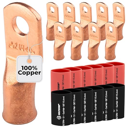 2 AWG (2 Gauge) 1/4" Stud, Bare Copper Battery Cable Ends, Wire Lugs, Heavy Duty, MD0214U