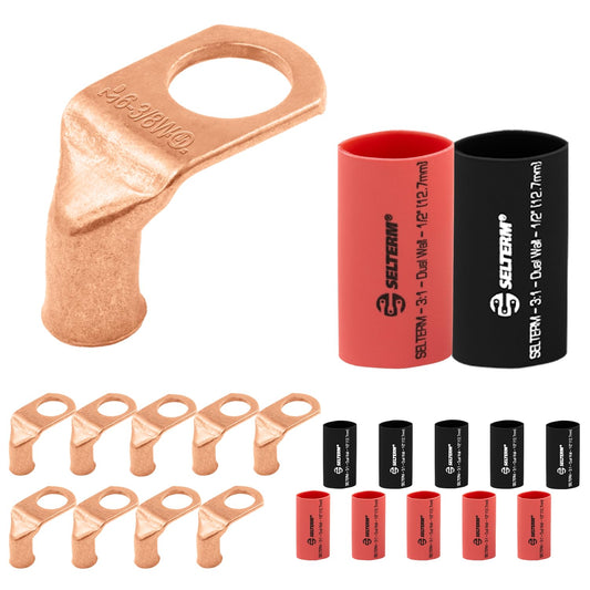 6 AWG 3/8" (Wide Pad) Stud 90 Degree Bent Battery Lugs - 10pcs - Lugs - Ring Terminal Connectors with 12pcs 3:1 Black & Red 1/2" Heat Shrink Tubing - Heavy Duty Cable Ends - Bare Copper Wire Connectors Kit