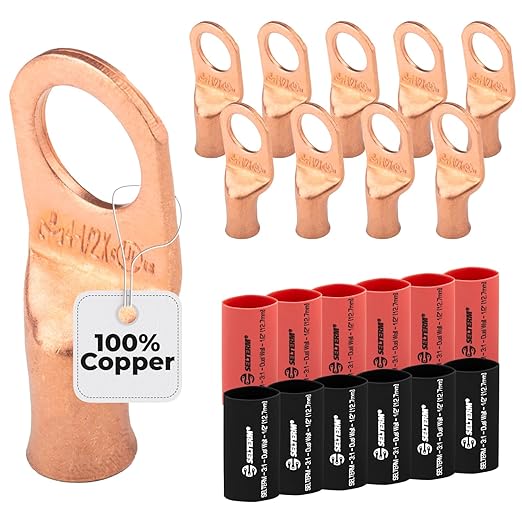 4 AWG (4 Gauge) 1/2" Stud, Bare Copper Battery Cable Ends, Wire Lugs, Heavy Duty, MD0412UX