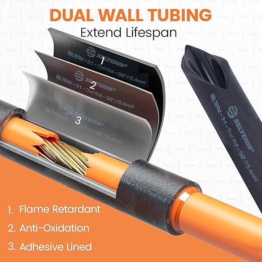 SELTERM 5/8" Black [50 Feet] Marine Grade Heat Shrink Tubing Roll, 3:1 Ratio Dual Wall Adhesive Lined Waterproof Heat Shrink Wrap Tube, for Battery Cable Lugs Wire Terminals Connectors