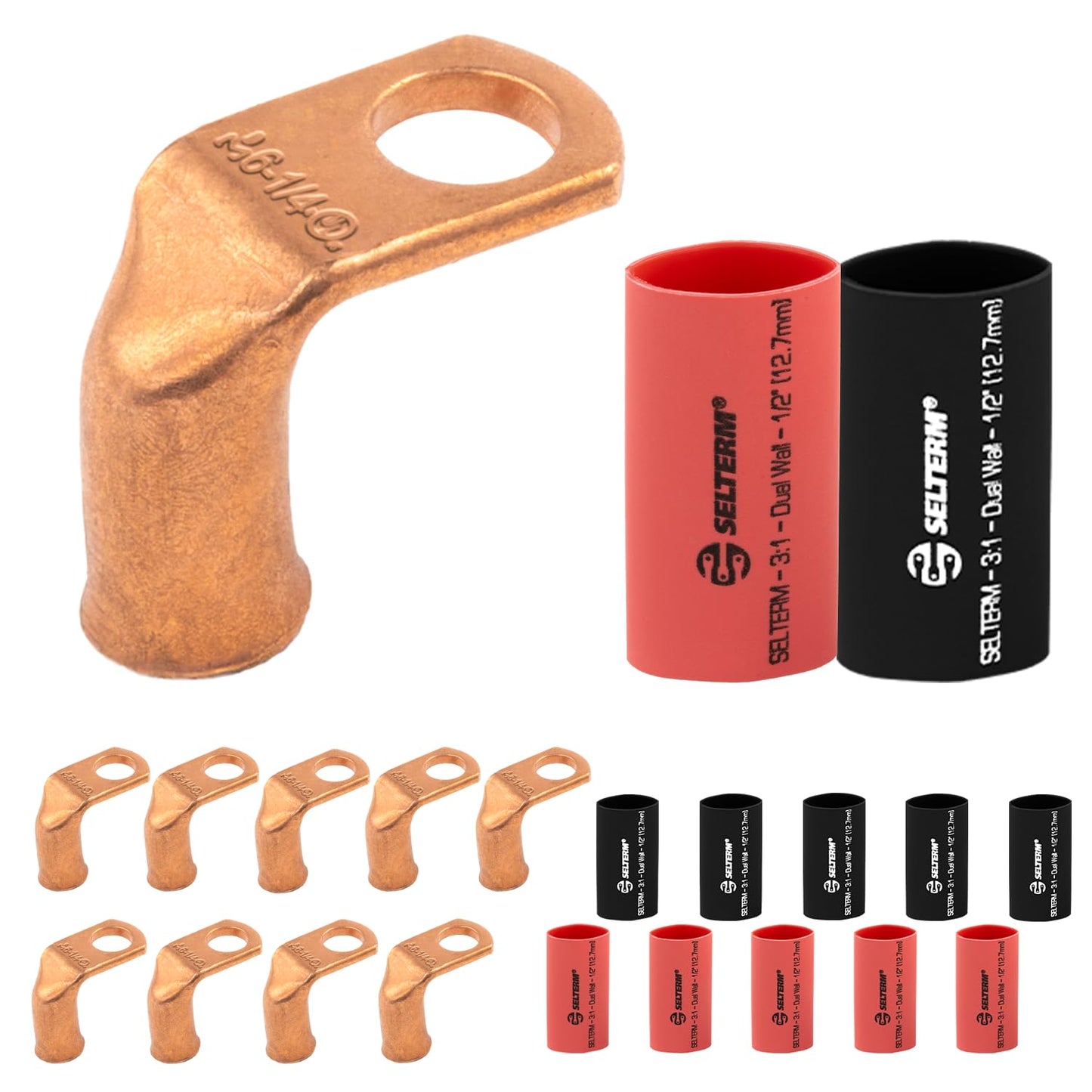 6 AWG 1/4" Stud - 90 Degree Bent Battery Lugs - 10pcs - Ring Terminal Connectors with 12pcs 3:1 Black & Red 1/2" Heat Shrink Tubing - Heavy Duty Battery Cable Ends - Bare Copper Wire Connectors Kit