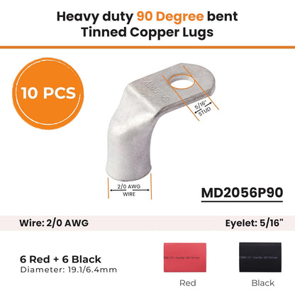 2/0 AWG 5/16" Stud 90 Degree Bent Battery Lugs - 10pcs - Ring Terminal Connectors with 12pcs 3:1 Black & Red 3/4" Heat Shrink Tubing - Heavy Duty Battery Cable Ends - Tinned Copper Wire Connector Kit