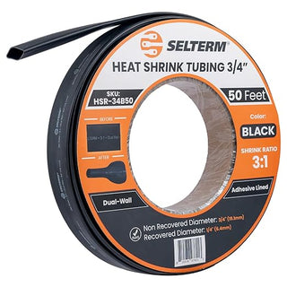 SELTERM 3/4" Black [50 Feet] Marine Grade Heat Shrink Tubing Roll, 3:1 Ratio Dual Wall Adhesive Lined Waterproof Heat Shrink Wrap Tube, for Battery Cable Lugs Wire Terminals Connectors