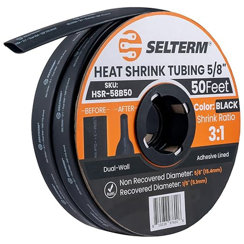 SELTERM 5/8" Black [50 Feet] Marine Grade Heat Shrink Tubing Roll, 3:1 Ratio Dual Wall Adhesive Lined Waterproof Heat Shrink Wrap Tube, for Battery Cable Lugs Wire Terminals Connectors