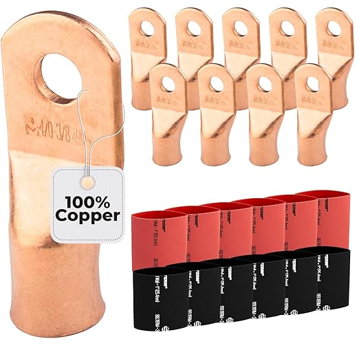 4/0 AWG (0000 Gauge) 3/8" Stud, Bare Copper Battery Cable Ends, Wire Lugs, Heavy Duty, MD4038U