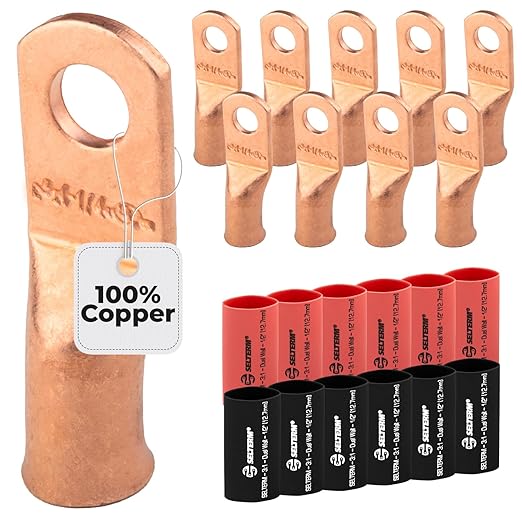 4 AWG (4 Gauge) 1/4" Stud, Bare Copper Battery Cable Ends, Wire Lugs, Heavy Duty, MD0414U