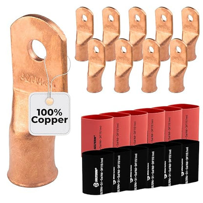 2/0 AWG (00 Gauge) 1/4" Stud, Bare Copper Battery Cable Ends, Wire Lugs, Heavy Duty, MD2014U