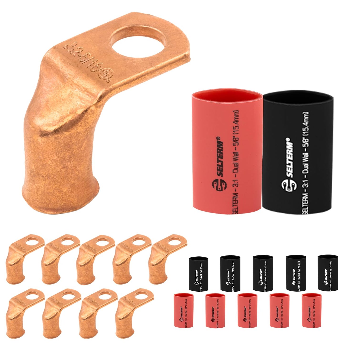 2 AWG 5/16" Stud - 90 Degree Bent Battery Lugs - 10pcs - Ring Terminal Connectors with 12pcs 3:1 Black & Red 5/8" Heat Shrink Tubing - Heavy Duty Battery Cable Ends - Bare Copper Wire Connectors Kit