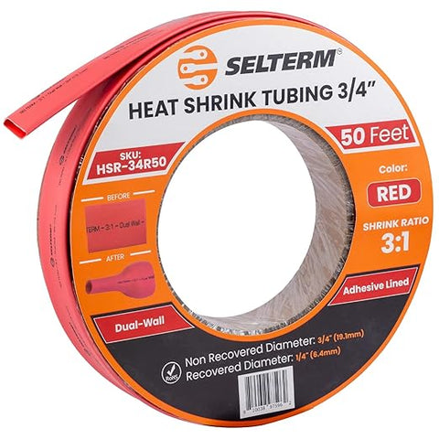 SELTERM 3/4" Red [50 Feet] Marine Grade Heat Shrink Tubing Roll, 3:1 Ratio Dual Wall Adhesive Lined Waterproof Heat Shrink Wrap Tube, for Battery Cable Lugs Wire Terminals Connectors