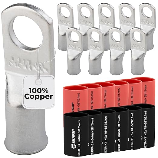 2 AWG, 3/8 Stud, Tinned Copper Battery Cable Ends, Wire Lugs