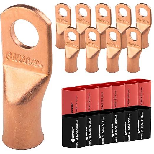 1/0 AWG (0 Gauge) 3/8" Stud, Bare Copper Battery Cable Ends, Wire Lugs, Heavy Duty, MD1038U