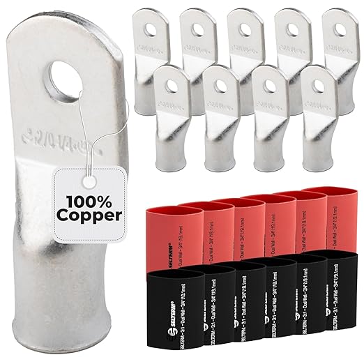 2/0 AWG (00 Gauge) 1/4" Stud, Tinned Copper Battery Cable Ends, Wire Lugs, Marine Grade, MD2014P