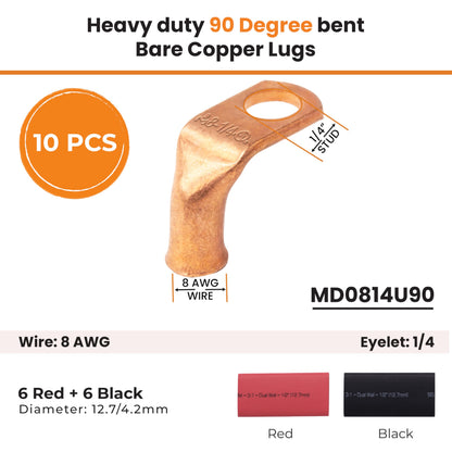 8 AWG 1/4" Stud, 90° Bent Low Voltage Drop Bare Copper Lugs - 10pcs With 12pcs 3:1 Black & Red Heat Shrink Tubing, 1/2" Ring Terminal Connectors, Heavy Duty Battery Cable Ends Copper Eyelets