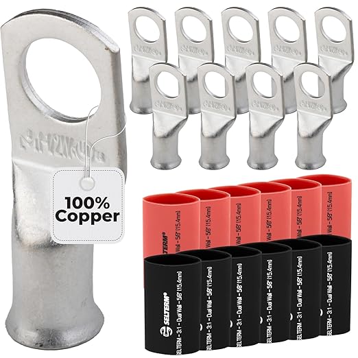 1AWG (1 Gauge) 1/2" Stud, Tinned Copper Battery Cable Ends, Wire Lugs, Marine Grade, MD0112PW