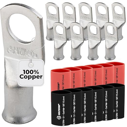 1AWG (1 Gauge) 1/2" Stud, Tinned Copper Battery Cable Ends, Wire Lugs, Marine Grade, MD0112PW