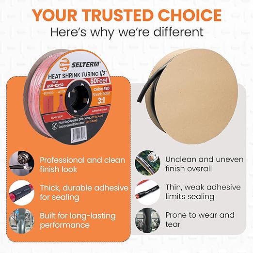 SELTERM 1/2" Red [50 Feet] Marine Grade Heat Shrink Tubing Roll, 3:1 Ratio Dual Wall Adhesive Lined Waterproof Heat Shrink Wrap Tube, for Battery Cable Lugs Wire Terminals Connectors