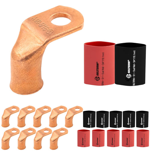 1/0 AWG 5/16" Stud 90 Degree Bent Battery Lugs - 10pcs - Ring Terminal Connectors with 12pcs 3:1 Black & Red 3/4" Heat Shrink Tubing - Heavy Duty Battery Cable Ends - Bare Copper Wire Connectors Kit