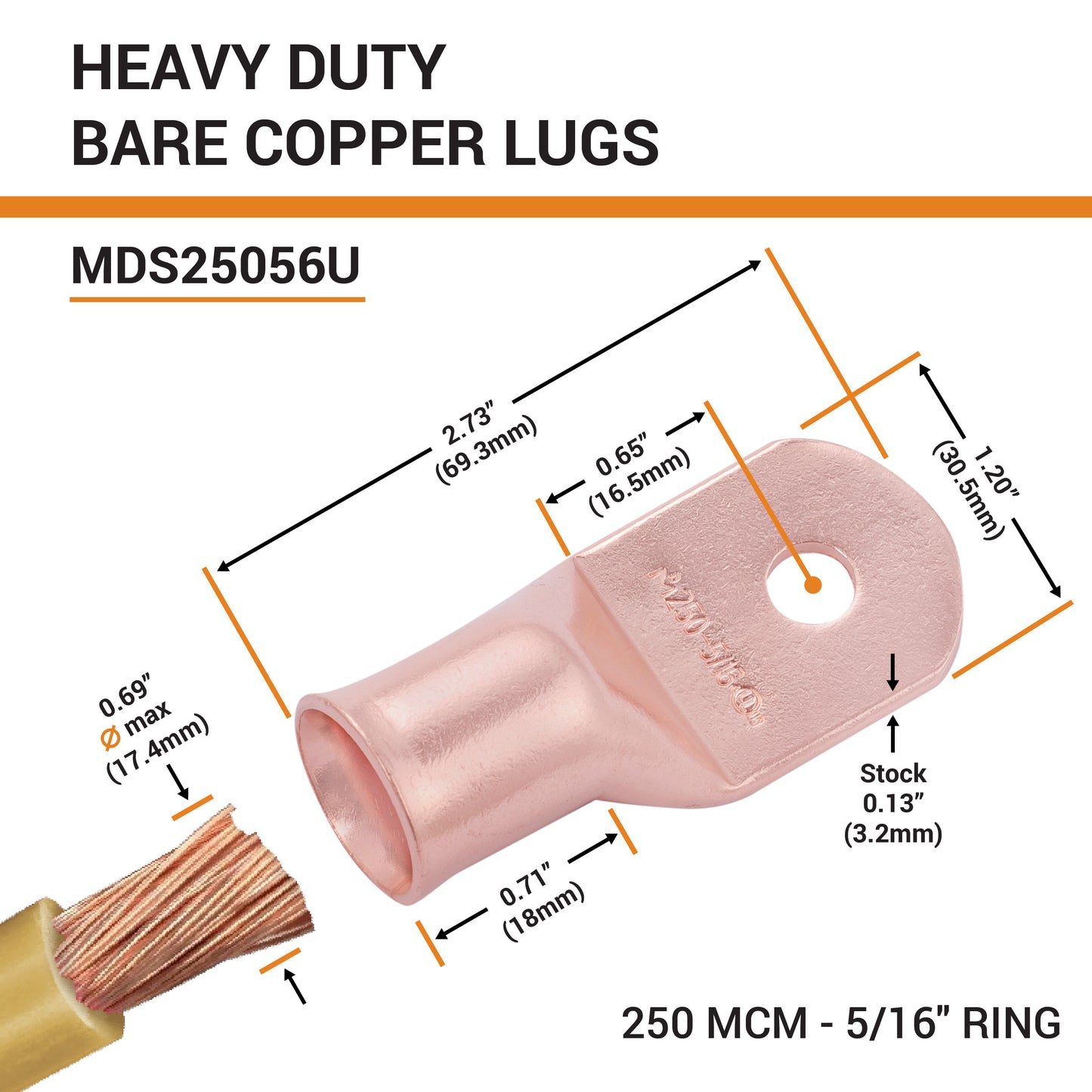 250 MCM, 5/16" Stud, Bare Copper Battery Cable Ends, Wire Lugs, Heavy Duty, MD25056U