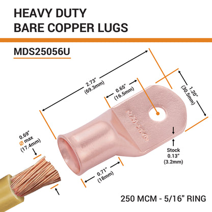 250 MCM, 5/16" Stud, Bare Copper Battery Cable Ends, Wire Lugs, Heavy Duty, MD25056U