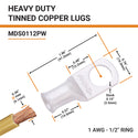 1AWG, 1/2" Stud, Tinned Copper Battery Cable Ends, Wire Lugs, Marine Grade, MD0112PW - 2