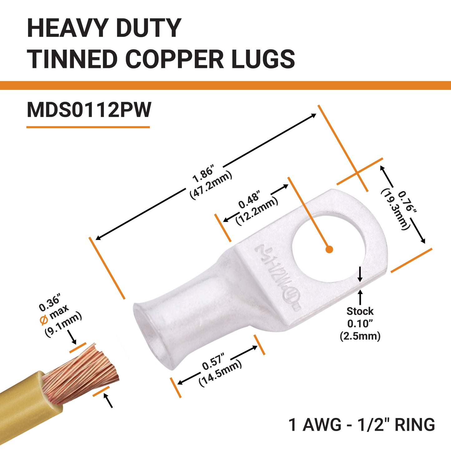 1AWG (1 Gauge) 1/2" Stud, Tinned Copper Battery Cable Ends, Wire Lugs, Marine Grade, MD0112PW