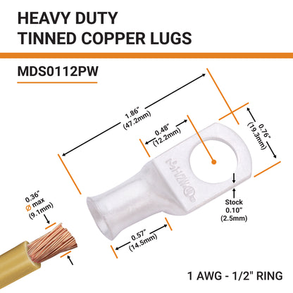 1AWG (1 Gauge) 1/2" Stud, Tinned Copper Battery Cable Ends, Wire Lugs, Marine Grade, MD0112PW