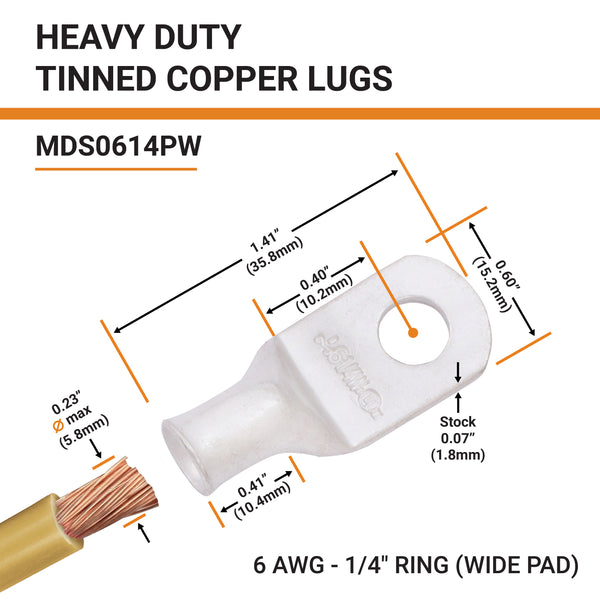 6 AWG, 1/4" Stud, (Wide Pad) Tinned Copper Battery Cable Ends, Wire Lugs, Marine Grade, MD0614PW - 2