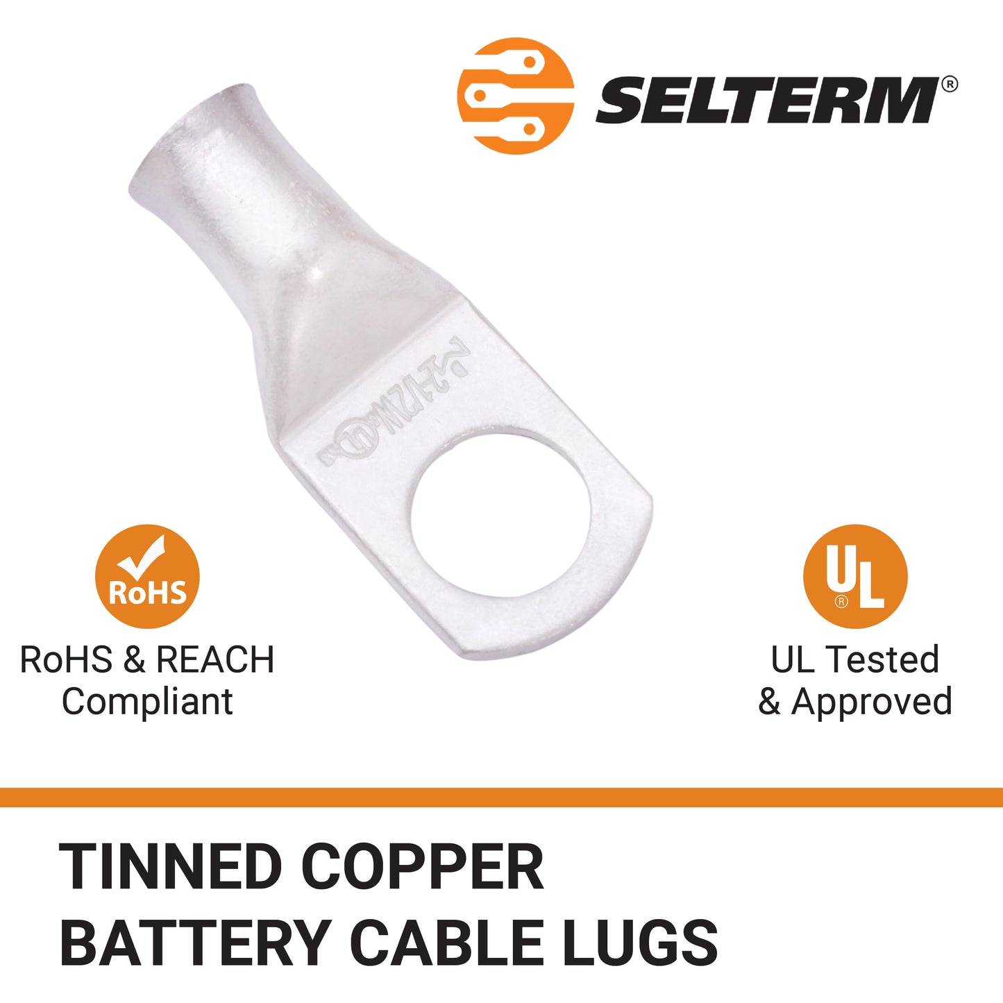 2 AWG (2 Gauge) 1/2" Stud, Tinned Copper Battery Cable Ends, Wire Lugs, Marine Grade, MD0212PW
