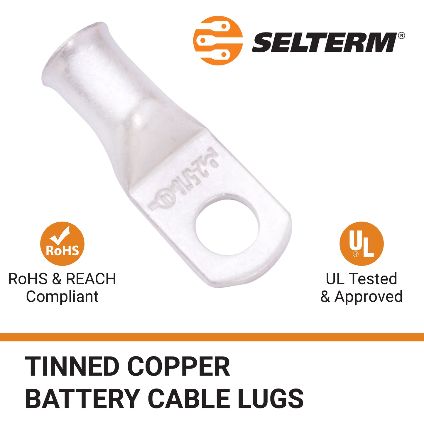 2 AWG (2 Gauge) 5/16" Stud, Tinned Copper Battery Cable Ends, Wire Lugs, Marine Grade, MD0256P