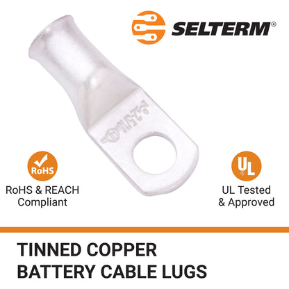 2 AWG (2 Gauge) 5/16" Stud, Tinned Copper Battery Cable Ends, Wire Lugs, Marine Grade, MD0256P