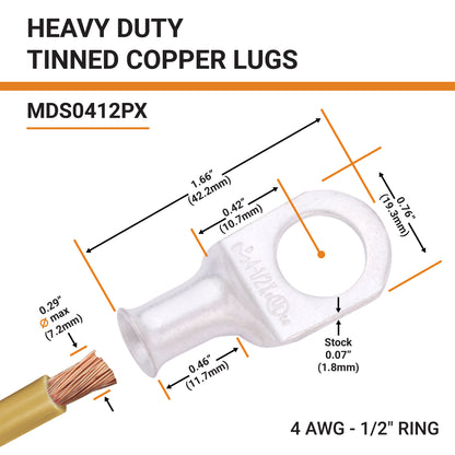 4 AWG (4 Gauge) 1/2" Stud, Tinned Copper Battery Cable Ends, Wire Lugs, Marine Grade, MD0412PX