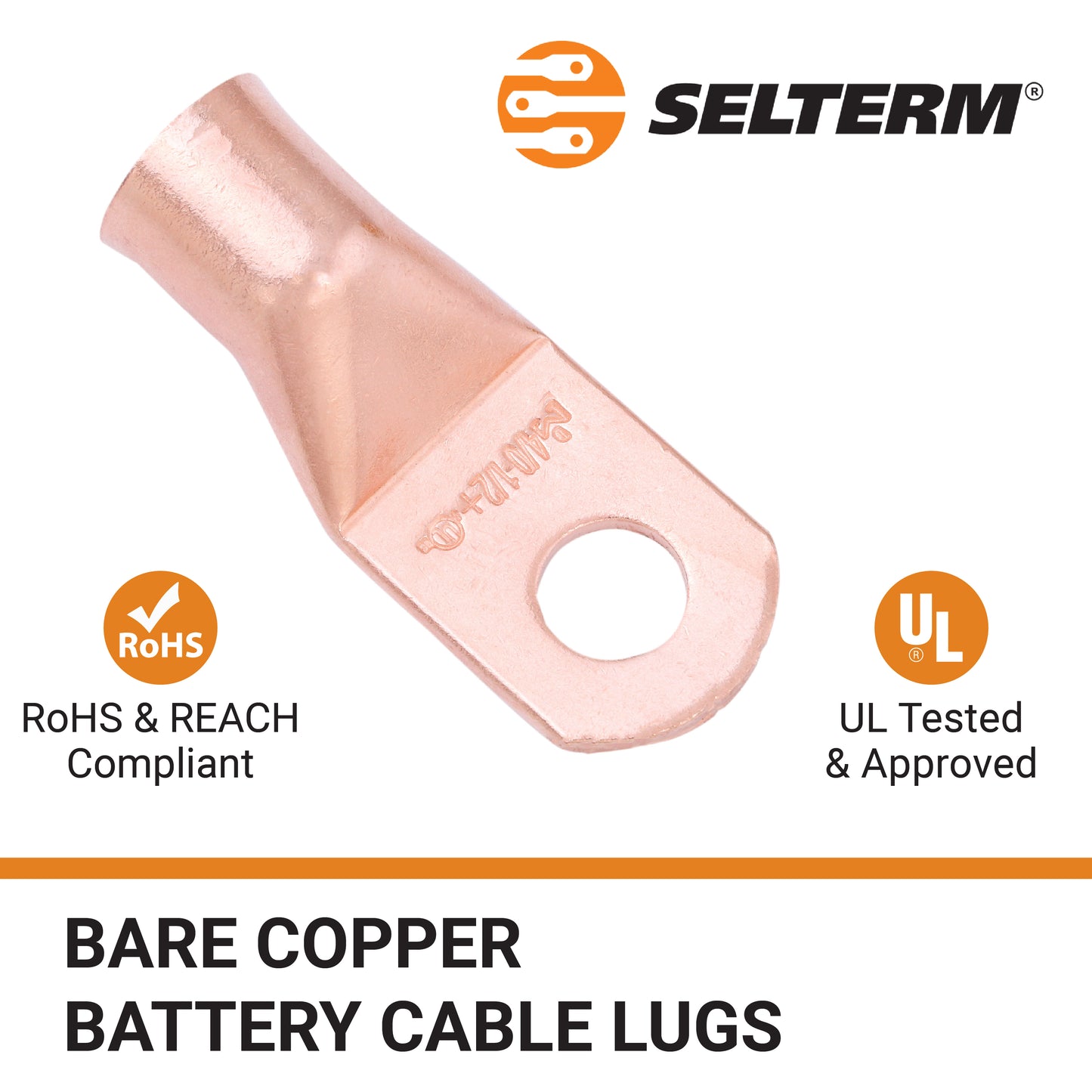 4/0 AWG (0000 Gauge) (XL), 1/2" Stud, Bare Copper Battery Cable Ends, Wire Lugs, Heavy Duty, MD4012UXL