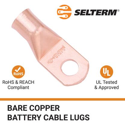 4/0 AWG (0000 Gauge) (XL), 1/2" Stud, Bare Copper Battery Cable Ends, Wire Lugs, Heavy Duty, MD4012UXL