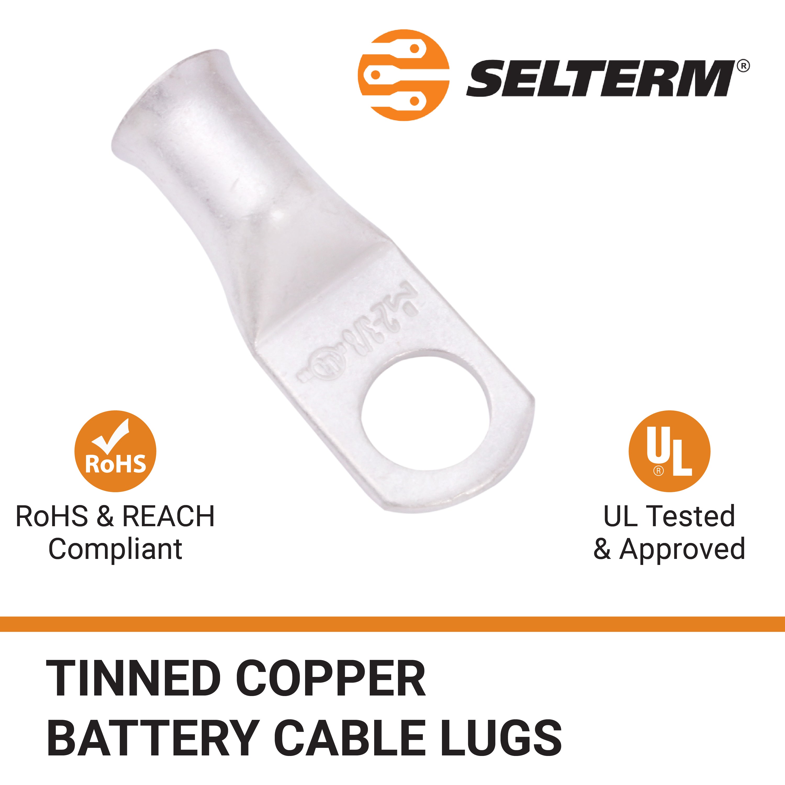 UL Listed 2 Gauge Tinned Copper Battery Lugs (3/8