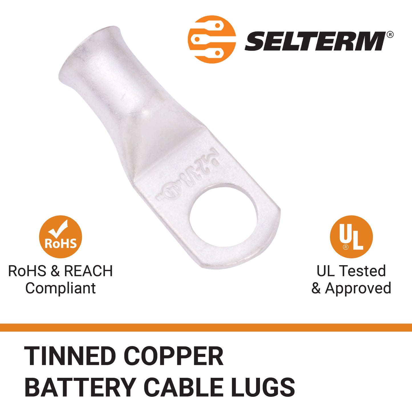 2 AWG (2 Gauge) 3/8" Stud, Tinned Copper Battery Cable Ends, Wire Lugs, Marine Grade, MD0238P