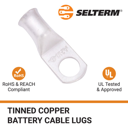 2 AWG (2 Gauge) 3/8" Stud, Tinned Copper Battery Cable Ends, Wire Lugs, Marine Grade, MD0238P