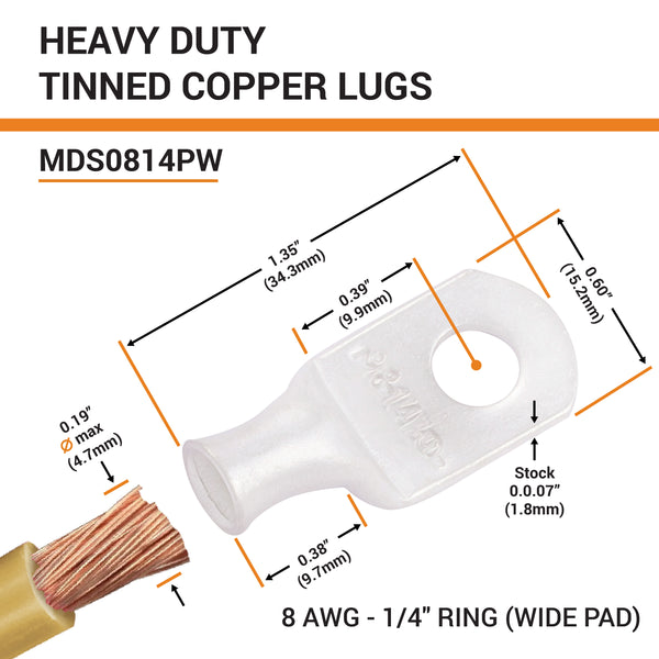 8 AWG, 1/4" Stud, (Wide Pad) Tinned Copper Battery Cable Ends And  Wire Lugs - 2