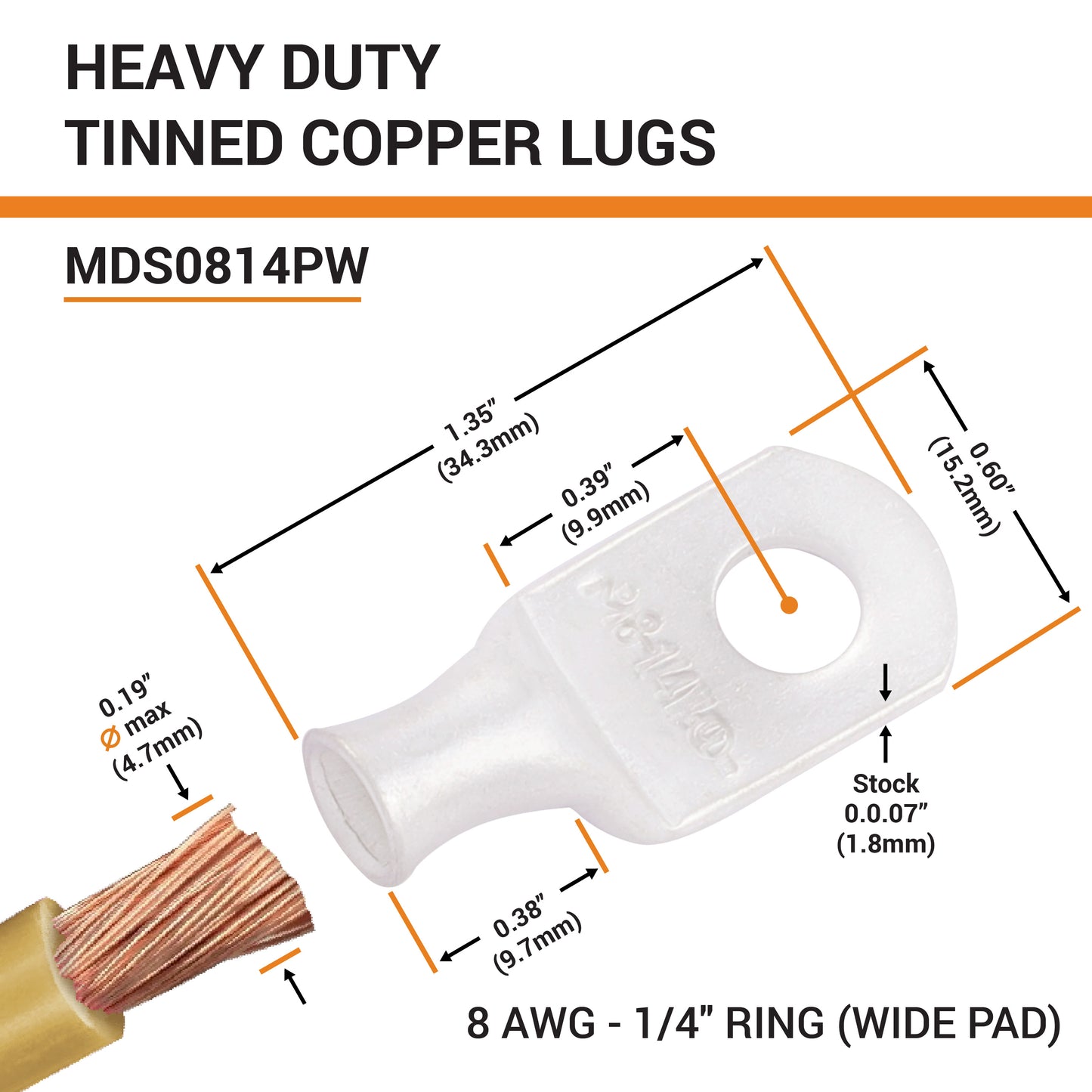 8 AWG (8 Gauge) 1/4" Stud, (Wide Pad) Tinned Copper Battery Cable Ends And  Wire Lugs
