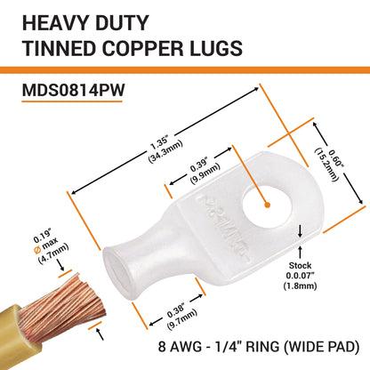 8 AWG (8 Gauge) 1/4" Stud, (Wide Pad) Tinned Copper Battery Cable Ends And  Wire Lugs