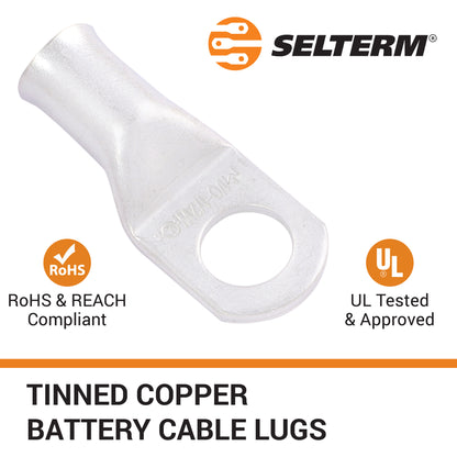 1/0 AWG (0 Gauge) 1/2" Stud, (Wide Pad) Tinned Copper Battery Cable Ends, Wire Lugs, Marine Grade, MD1012PW