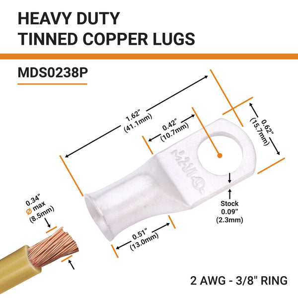 2 AWG, 3/8" Stud, Tinned Copper Battery Cable Ends, Wire Lugs, Marine Grade, MD0238P - 2
