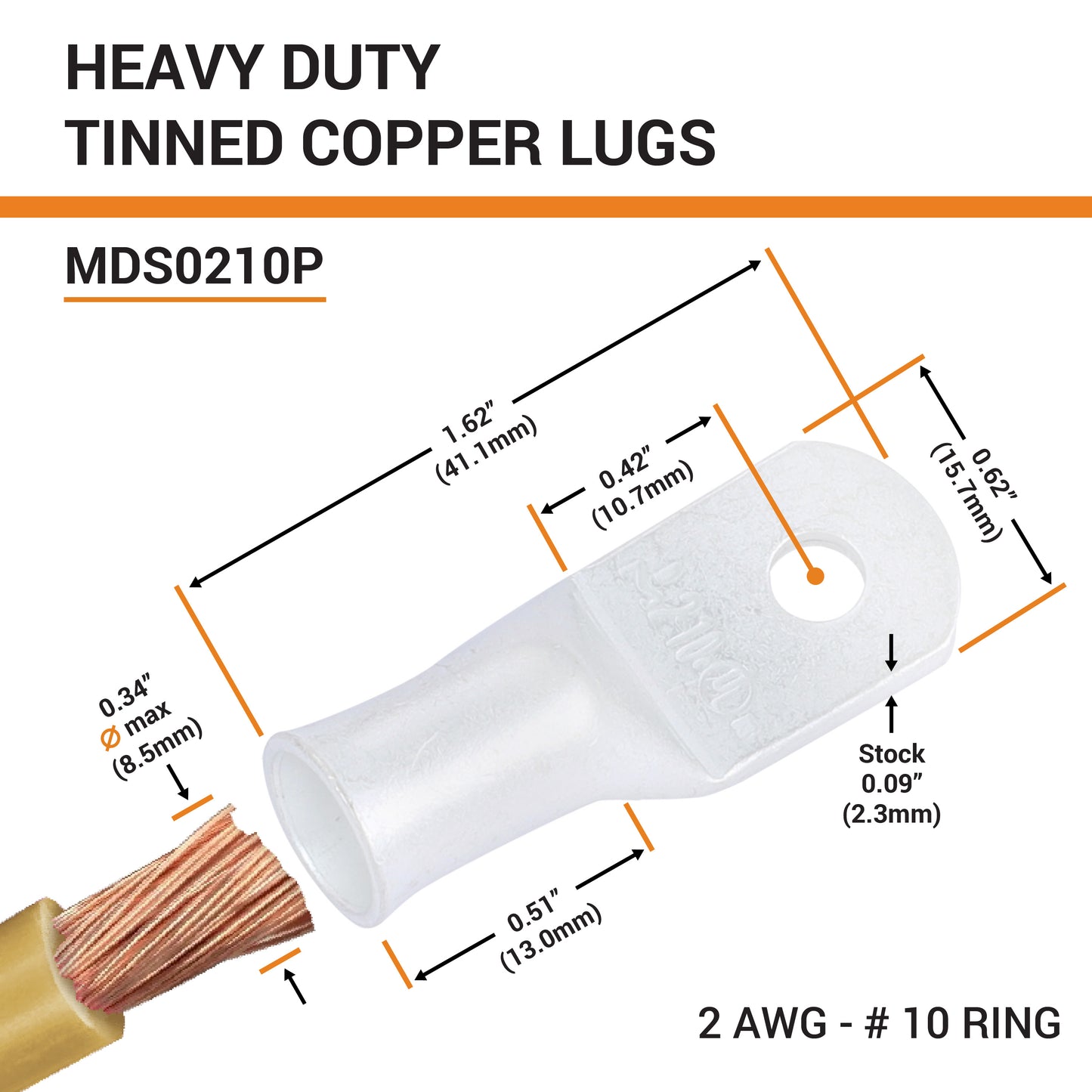 2 AWG (2 Gauge) #10 Stud, Tinned Copper Battery Cable Ends, Wire Lugs, Marine Grade, MD0210P