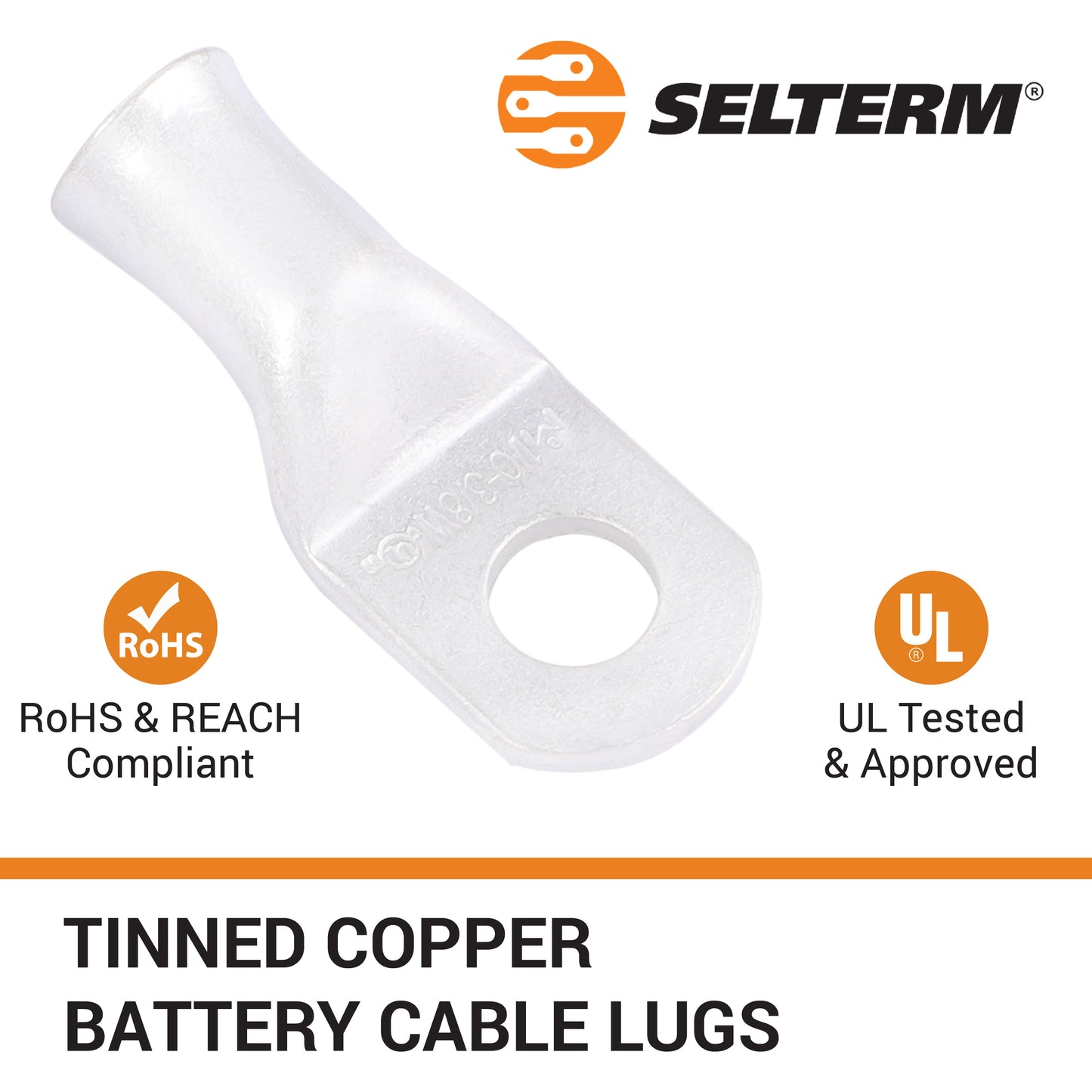 1/0 AWG (0 Gauge) 3/8" Stud, (Wide Pad) Tinned Copper Battery Cable Ends, Wire Lugs, Marine Grade, MD1038PW