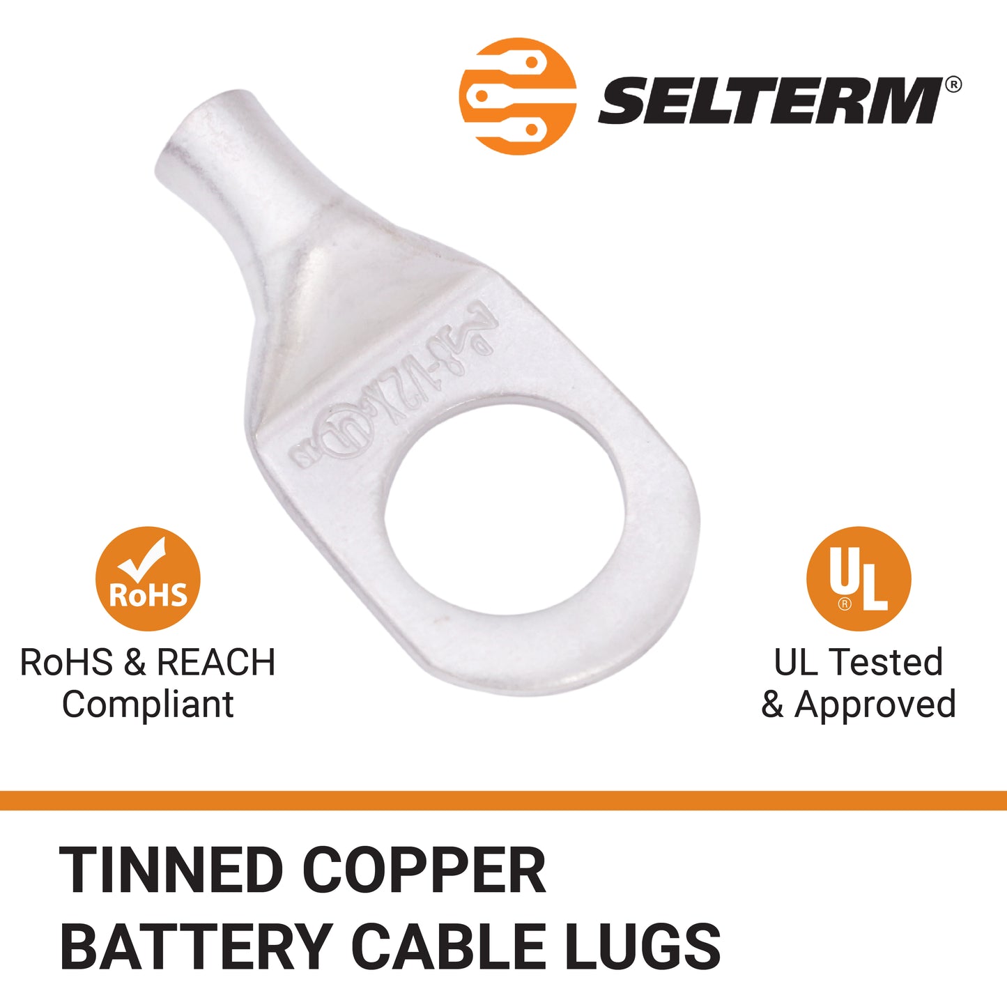 8 AWG (8 Gauge) 1/2" Stud, Tinned Copper Battery Cable Ends, Wire Lugs, Marine Grade, MD0812PX