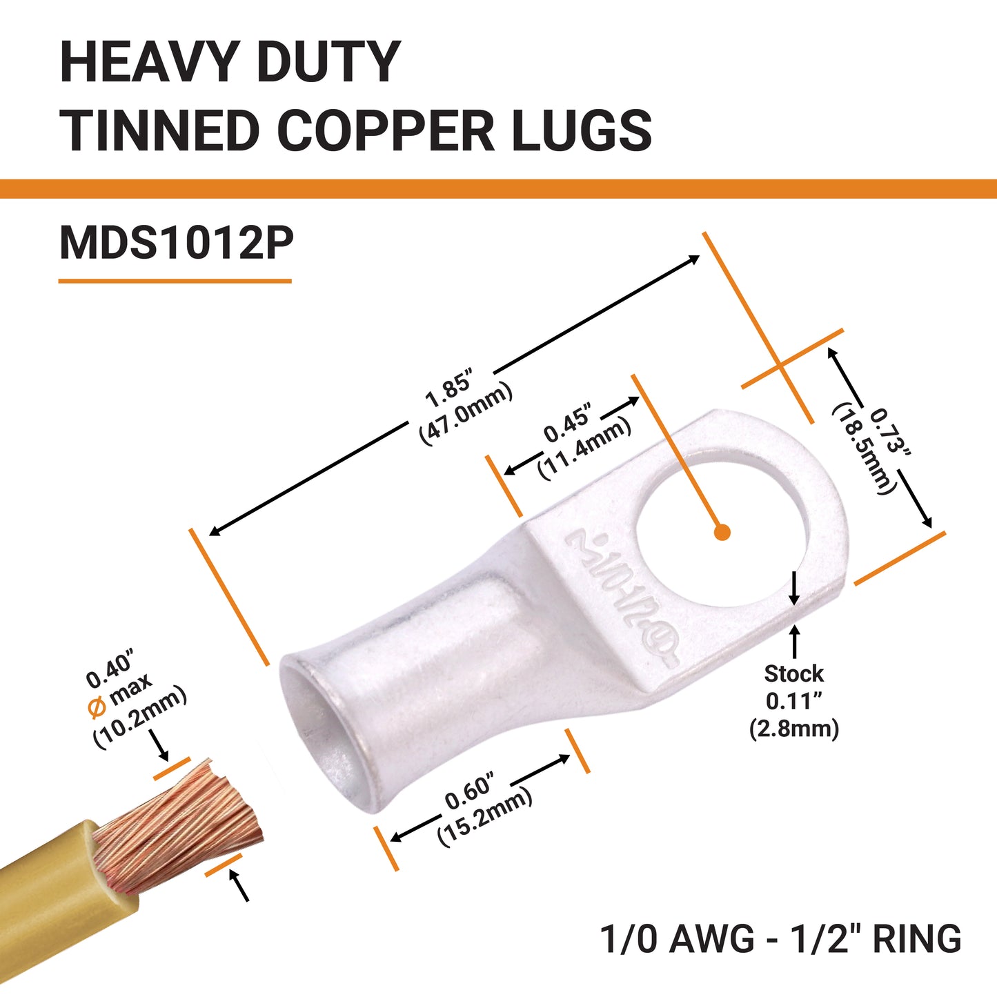 1/0 AWG (0 Gauge) 1/2" Stud, Tinned Copper Battery Cable Ends, Wire Lugs, Marine Grade, MD1012P