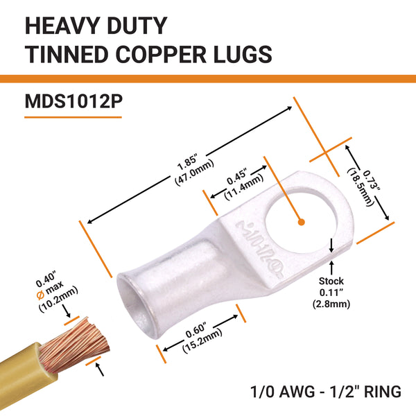 1/0 AWG, 1/2" Stud, Tinned Copper Battery Cable Ends, Wire Lugs, Marine Grade, MD1012P - 2