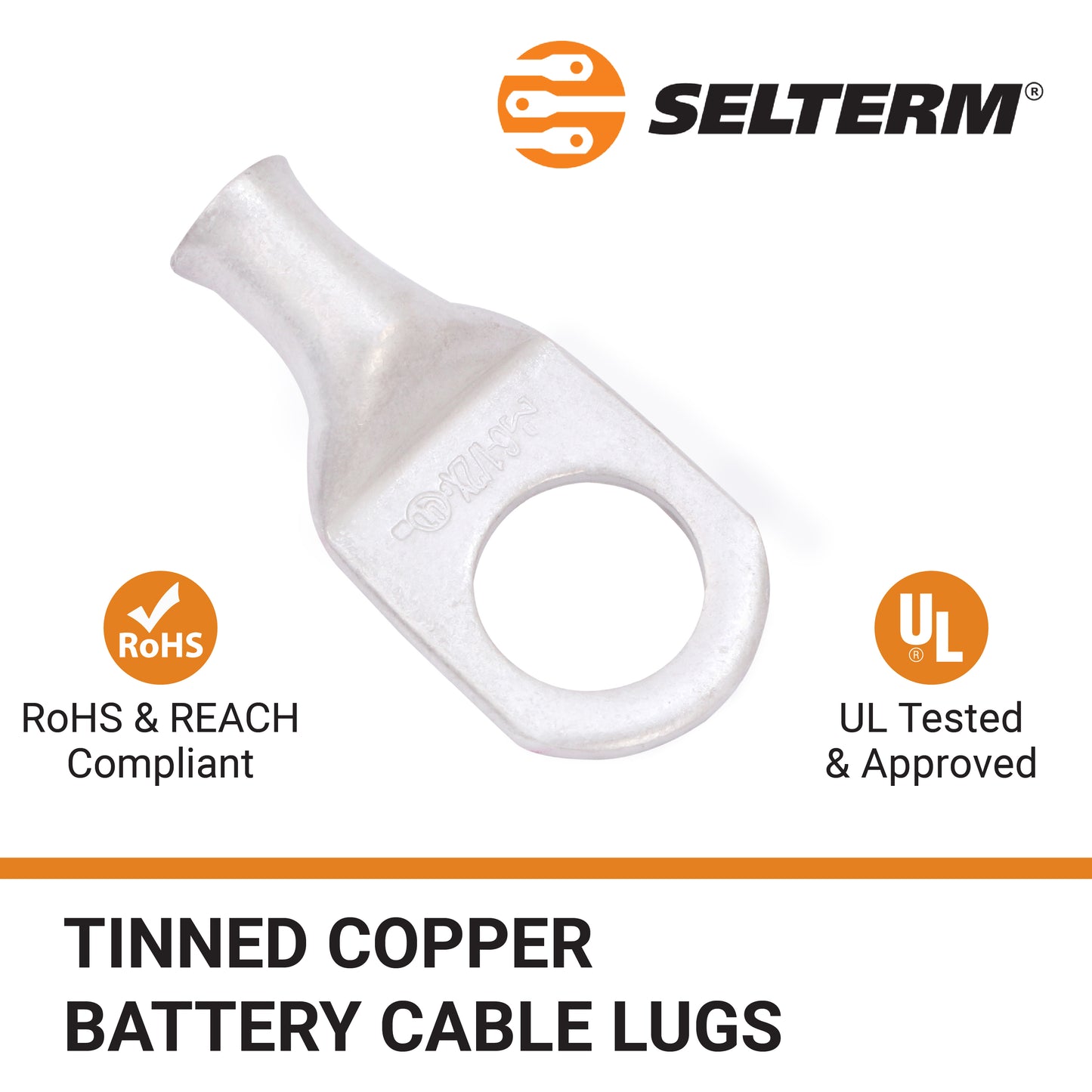 6 AWG (6 Gauge) 1/2" Stud, Tinned Copper Battery Cable Ends, Wire Lugs, Marine Grade, MD0612PX