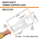 1/0 AWG, 1/2" Stud, (Wide Pad) Tinned Copper Battery Cable Ends, Wire Lugs, Marine Grade, MD1012PW - 2