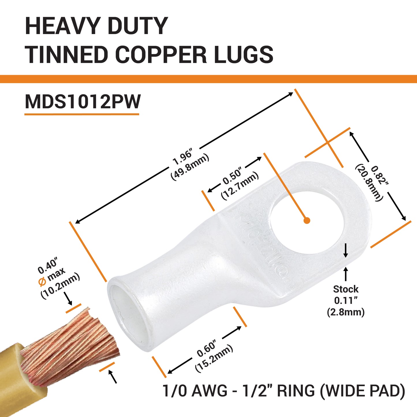 1/0 AWG (0 Gauge) 1/2" Stud, (Wide Pad) Tinned Copper Battery Cable Ends, Wire Lugs, Marine Grade, MD1012PW