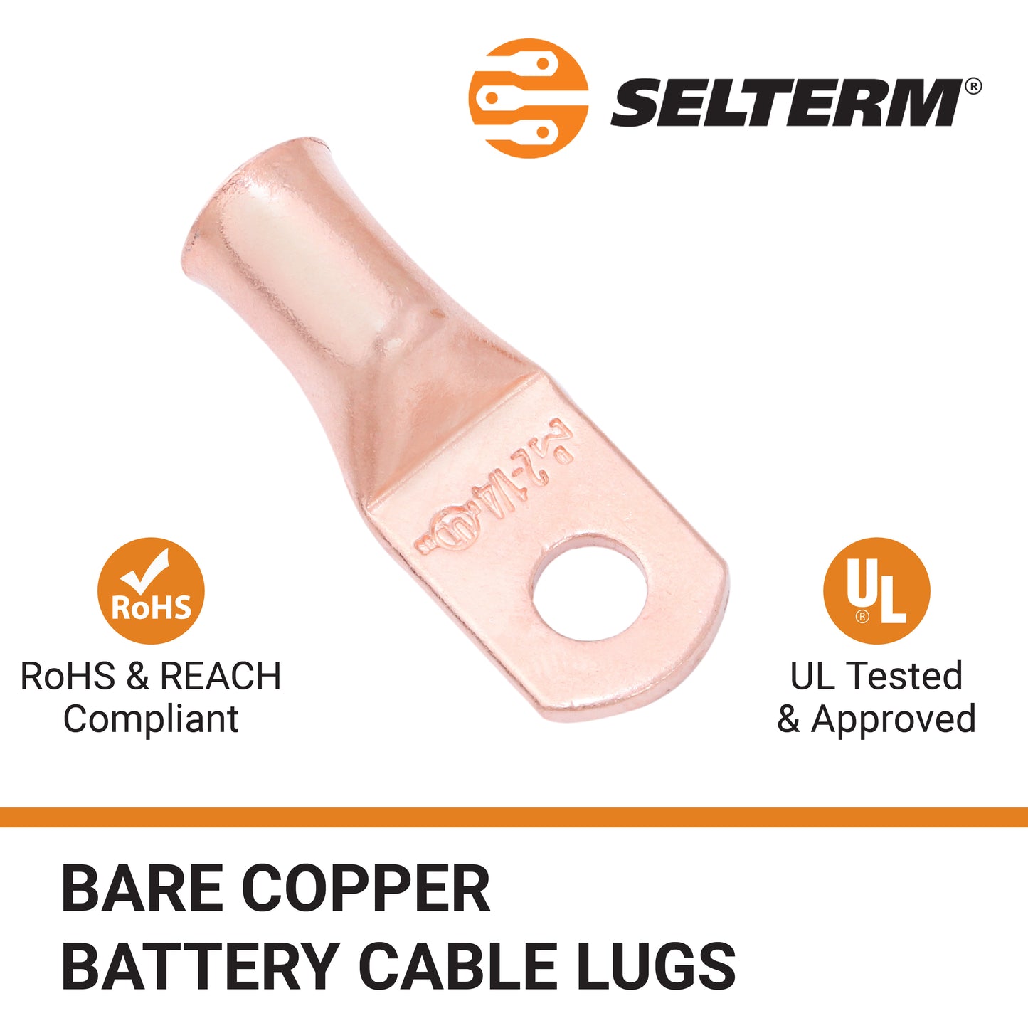 2 AWG (2 Gauge) 1/4" Stud, Bare Copper Battery Cable Ends, Wire Lugs, Heavy Duty, MD0214U